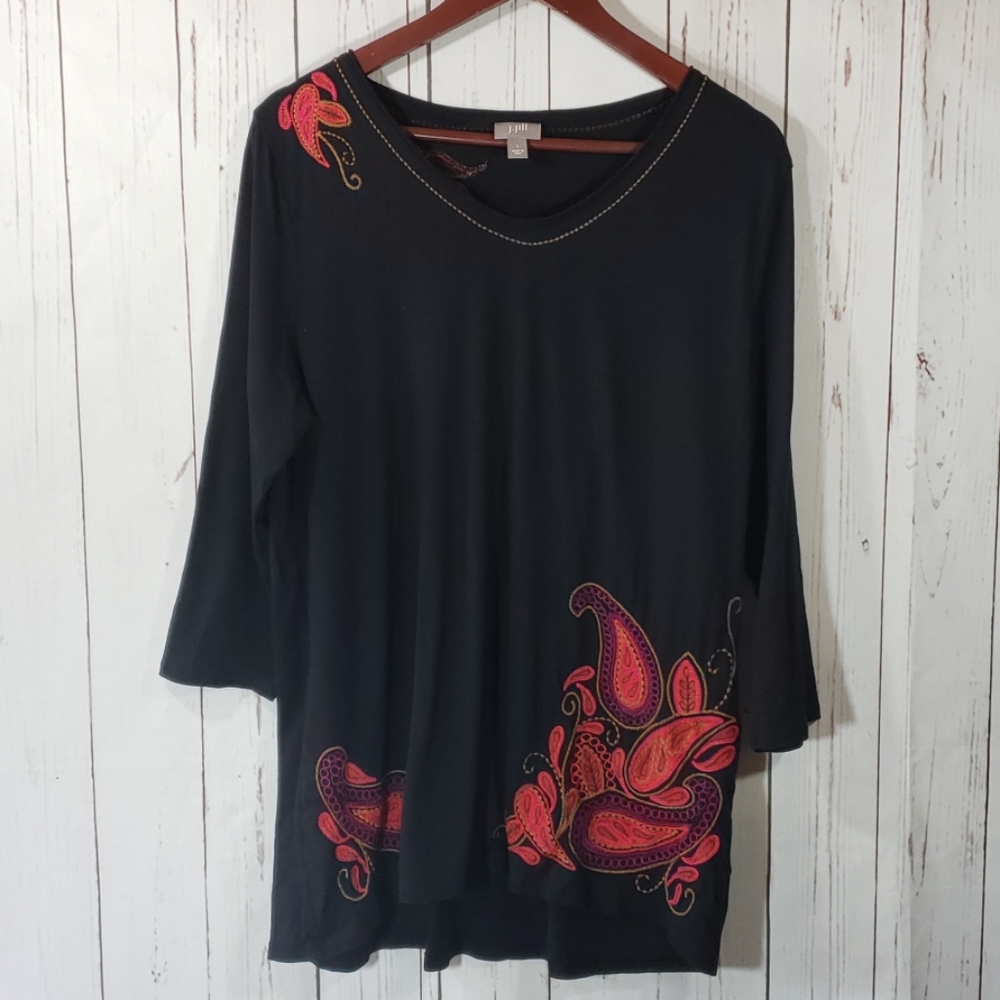 J. Jill Black embroidery 3/4 sleeve top size Large